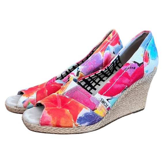 Toms 7.5 Vibrant Abstract Floral Calypso Peep Toe Wedge - Picture 1 of 8